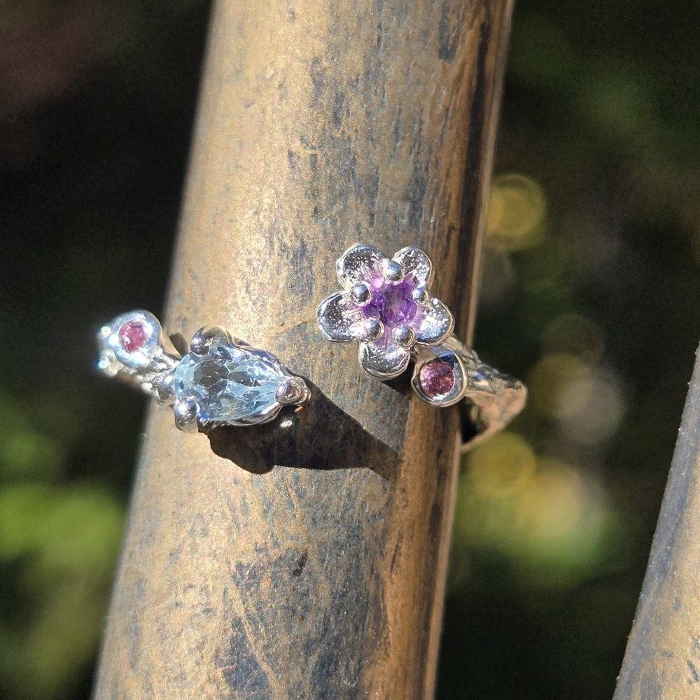 Topaz Amethyst & Rhodalite Sterling & White Gold Floral Ring Sz7 Adjustable - Picture 3 of 9